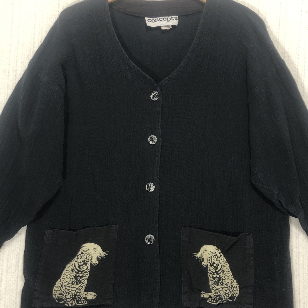 Concepts Vintage Black Cotton Gauze Leopard Pocket Cardigan Top 90s USA Medium